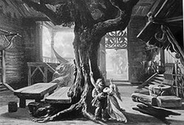 Siegmund brandit l'épée Notung face à Sieglinde dans la hutte de
Hunding (Illustration de Josef Hoffmann).
